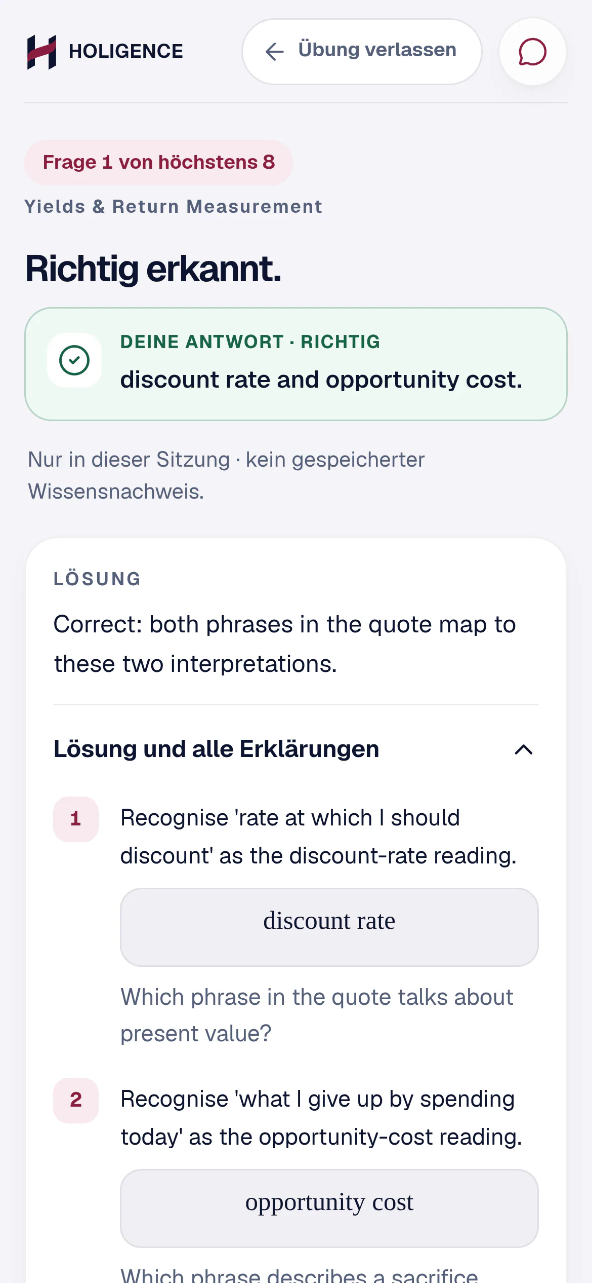 Rückmeldung nach dem Bestätigen mit Lösungsweg in drei Schritten