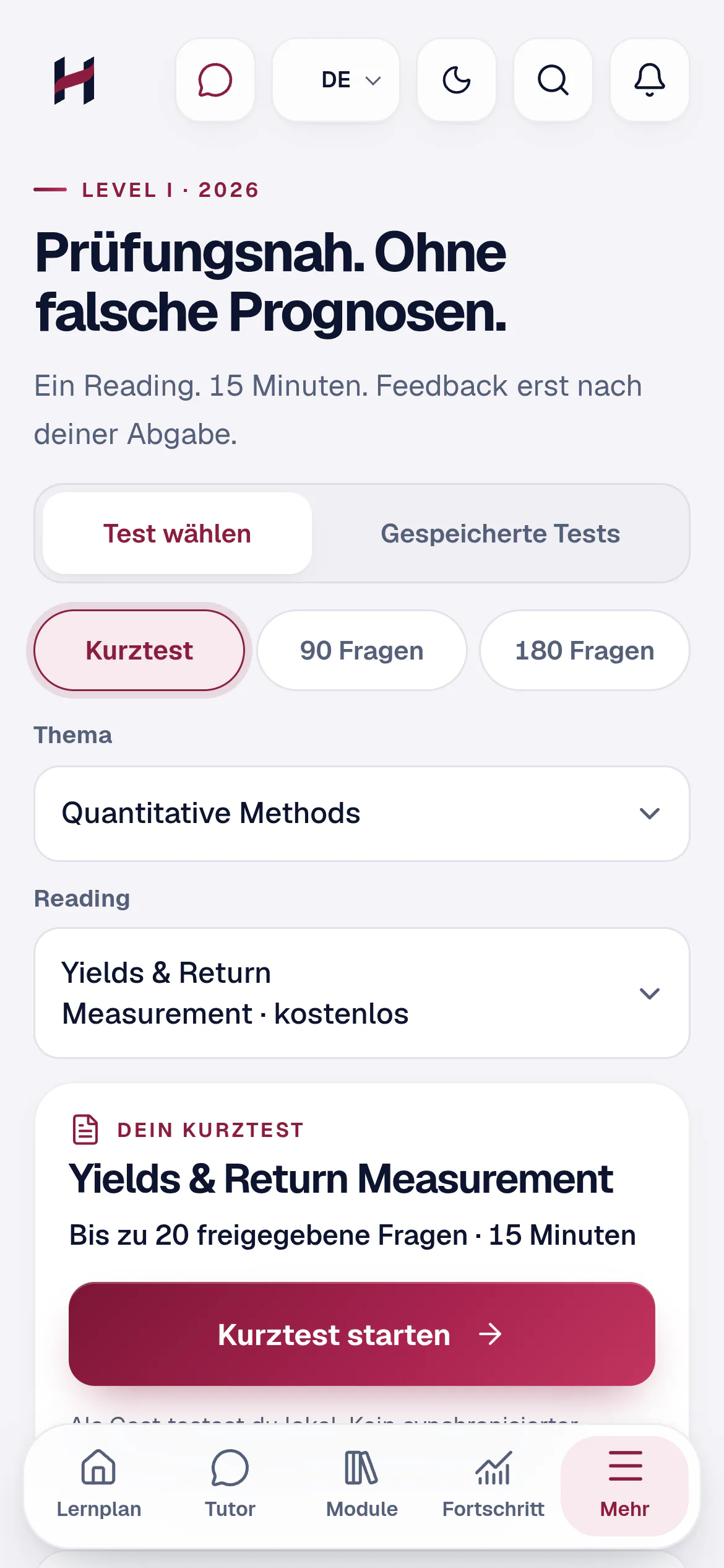 Probetest: Auswahl zwischen Kurztest, 90 und 180 Fragen