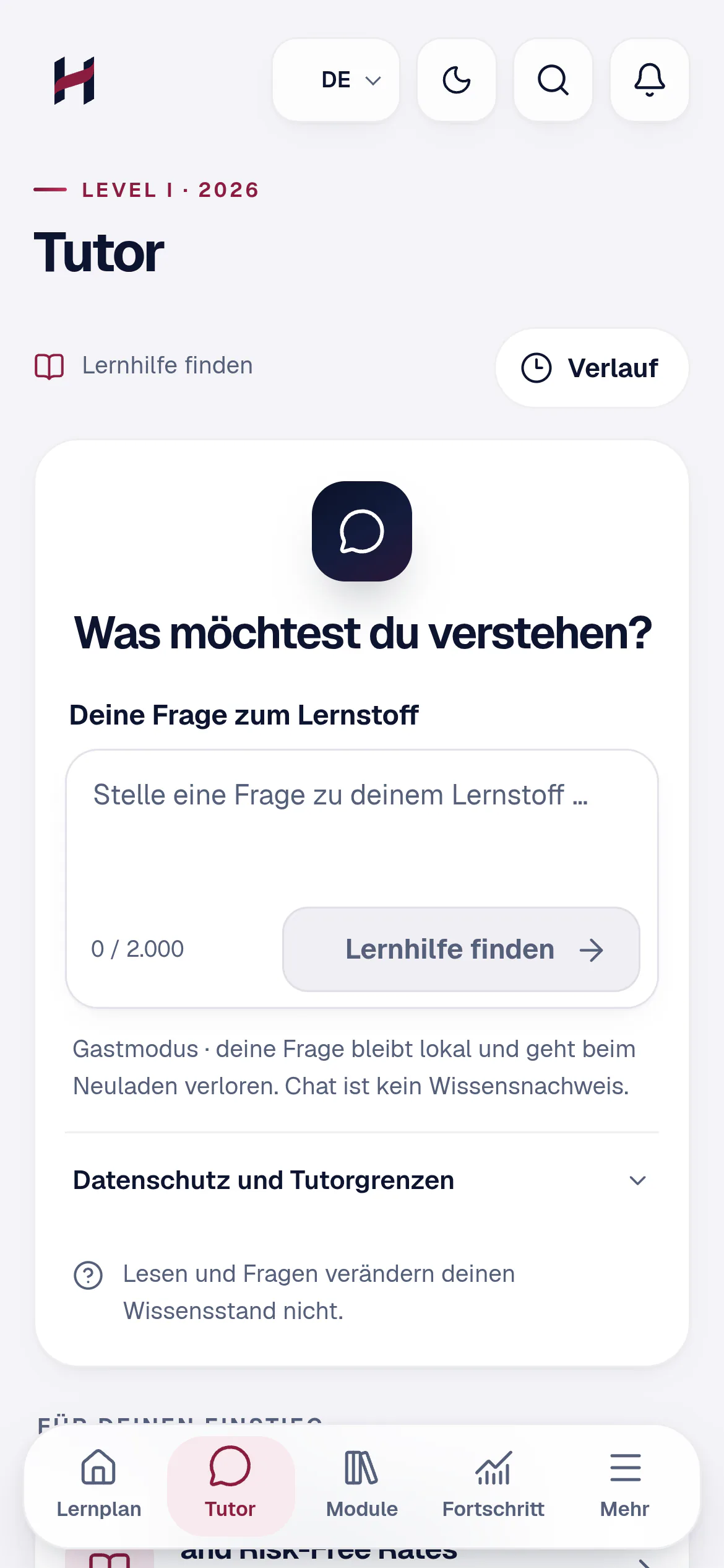 Tutor-Ansicht mit Fragefeld