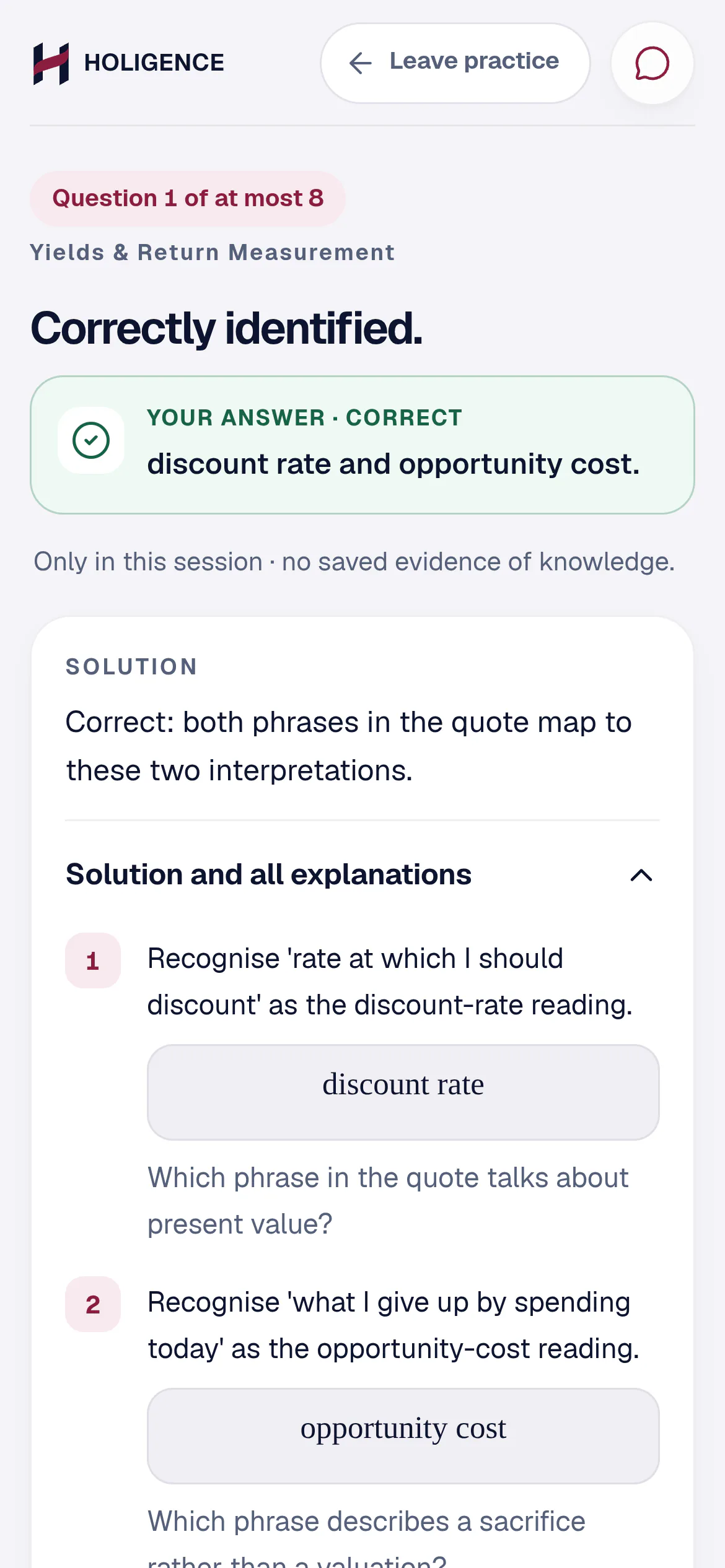 Feedback after confirming, with the worked solution in three steps