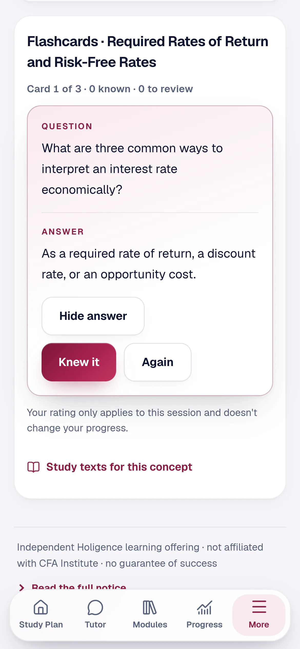 Review: flashcard turned over, question and answer